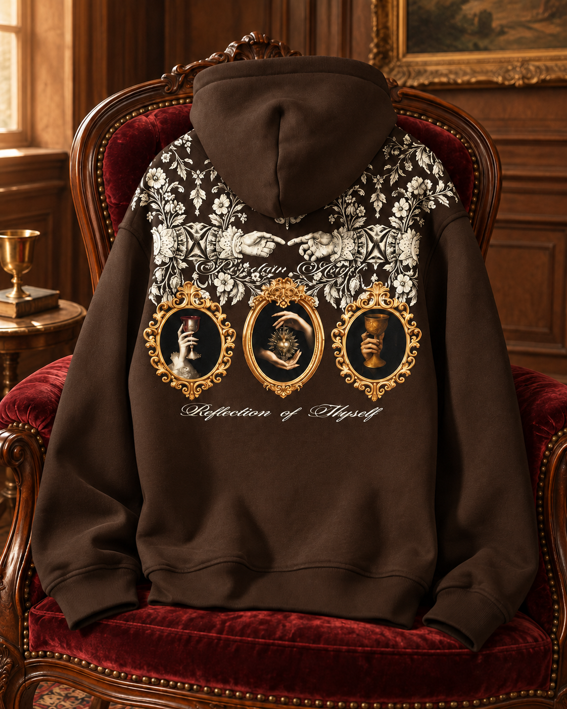 WORTHY Gold-Frame hoodie in brown, back view on a vintage chair.