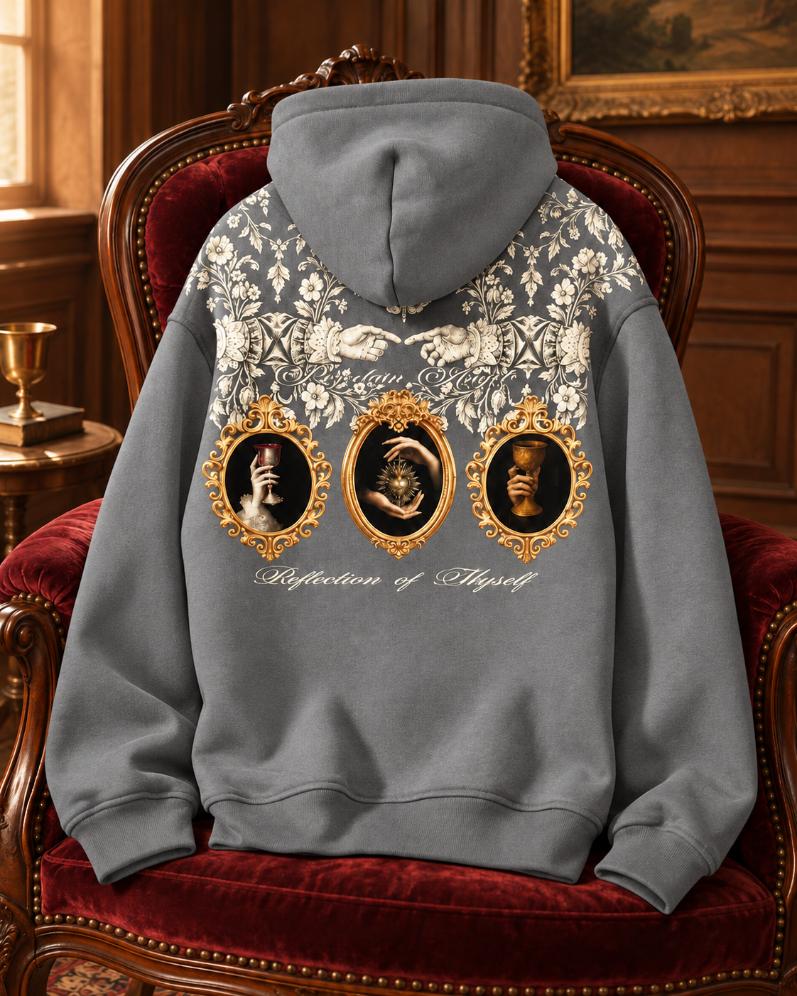 WORTHY Gold-Frame hoodie in grey, back view on a vintage chair.