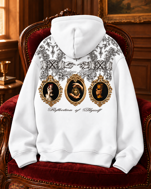 WORTHY Gold-Frame — hoodie blanc, cadres dorés et ornements anthracite, vue de dos.