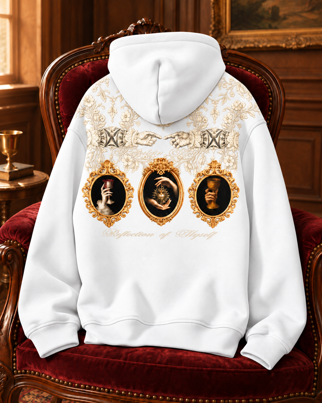 WORTHY Gold-Frame hoodie in white, back view on a vintage chair.