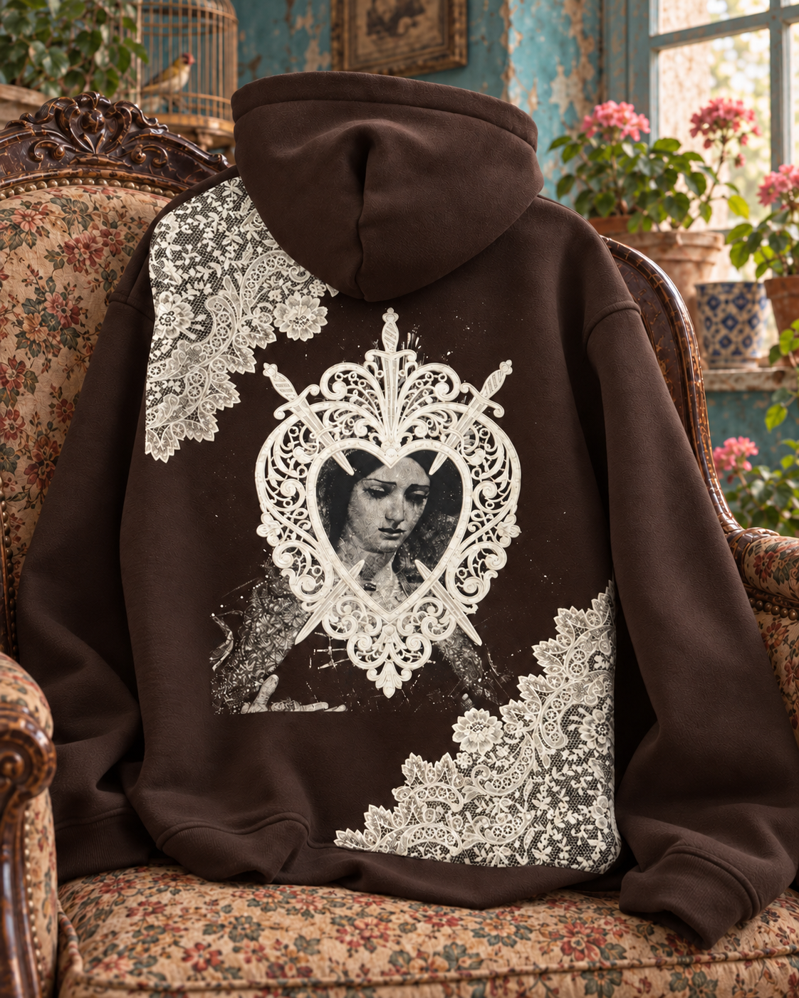 WORTHY Heart & Swords hoodie in brown, back view on a vintage chair.