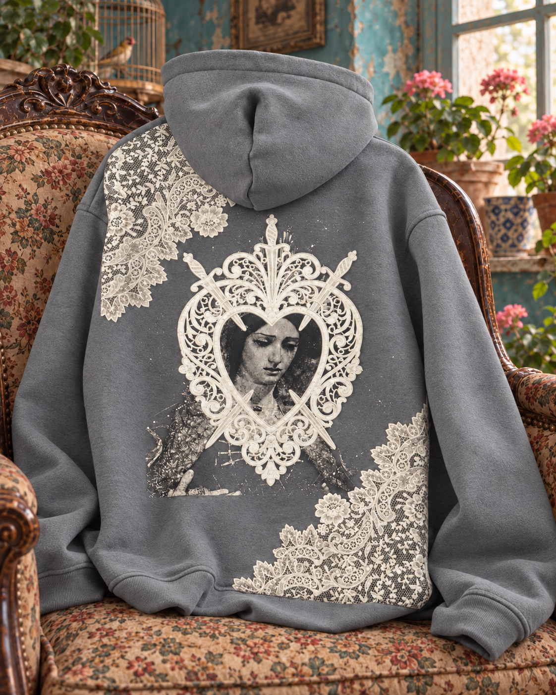 WORTHY Heart & Swords hoodie in grey, back view on a vintage chair.