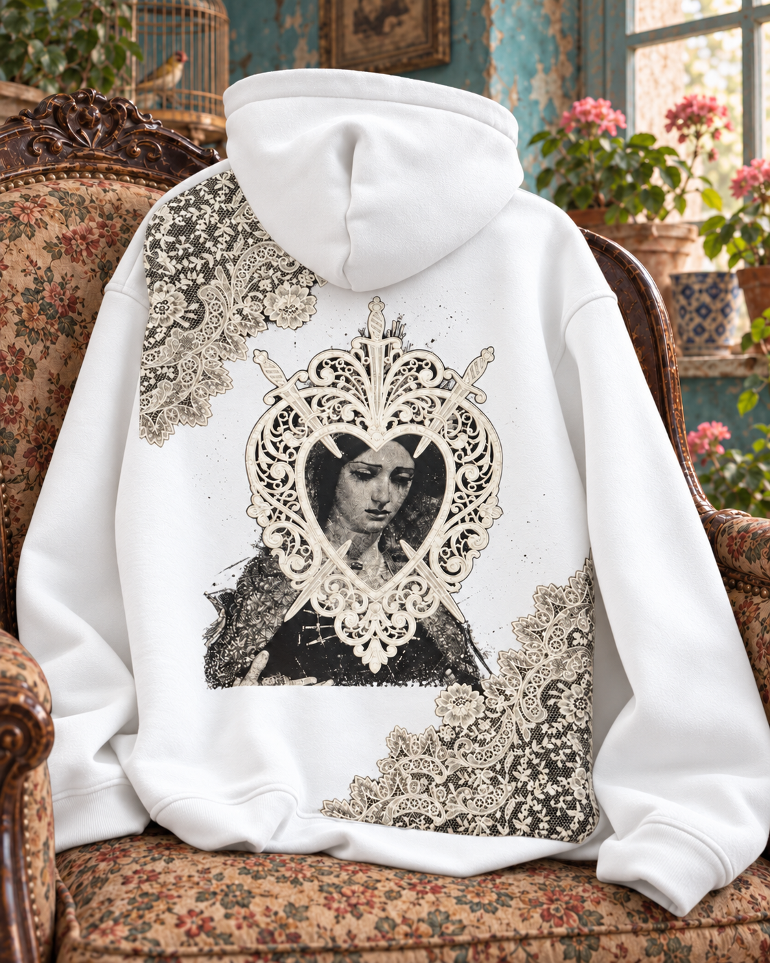 WORTHY Heart & Swords hoodie in white, back view on a vintage chair.