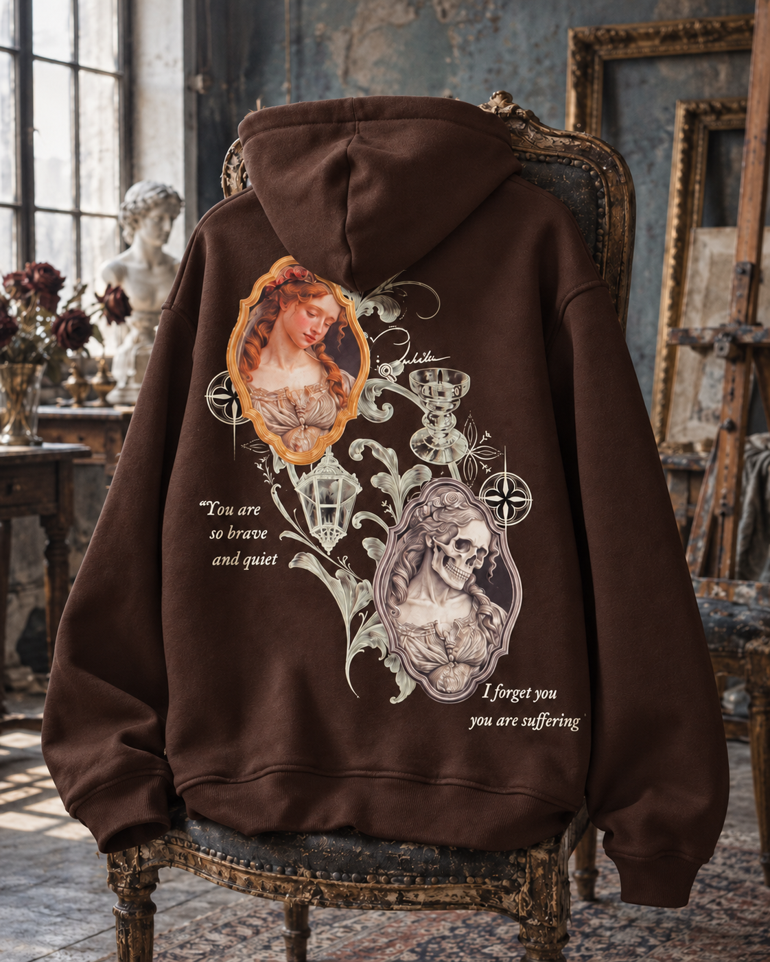 WORTHY Portrait & Skull hoodie in brown, back view on a vintage chair.