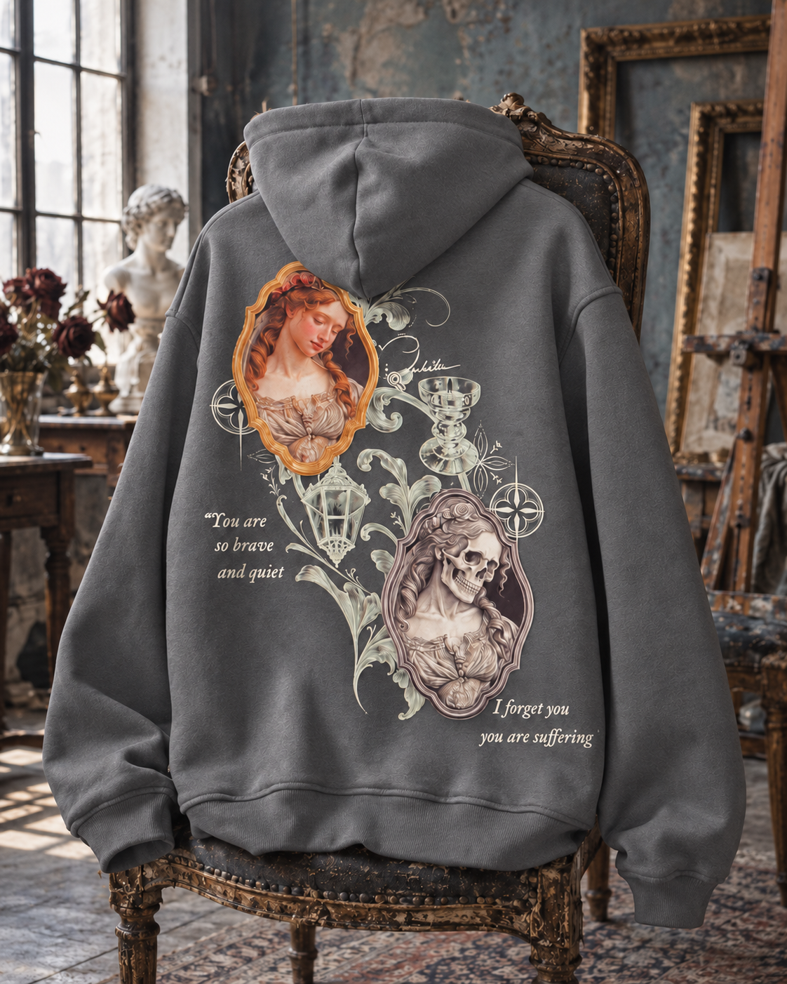 WORTHY Portrait & Skull hoodie in grey, back view on a vintage chair.