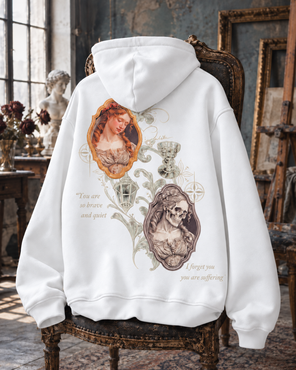 WORTHY Portrait & Skull hoodie in white, back view on a vintage chair.